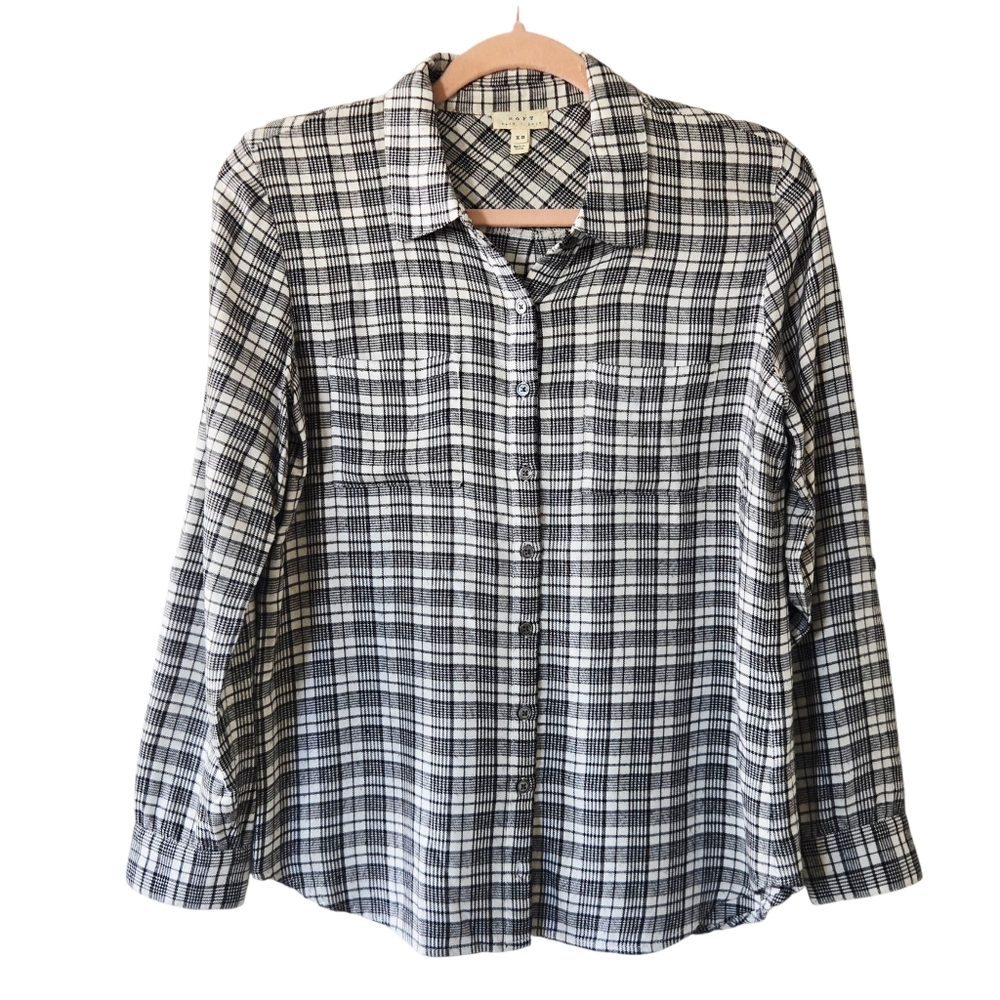 Soft Joie Classic White & Black Plaid Rayon Flannel Button Down Pockets sz XS